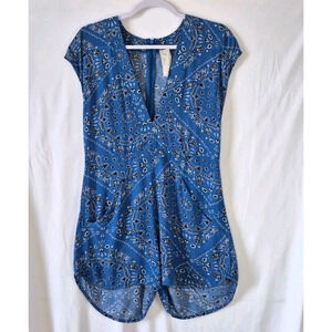 Jen's Pirate Booty Womens Blue Floral V-Neck Dress Small